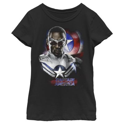 Fifth Sun Marvel Likeness The Falcon and The Winter Soldier Cap Pose Girl's Solid Crew Tee, Black, Small