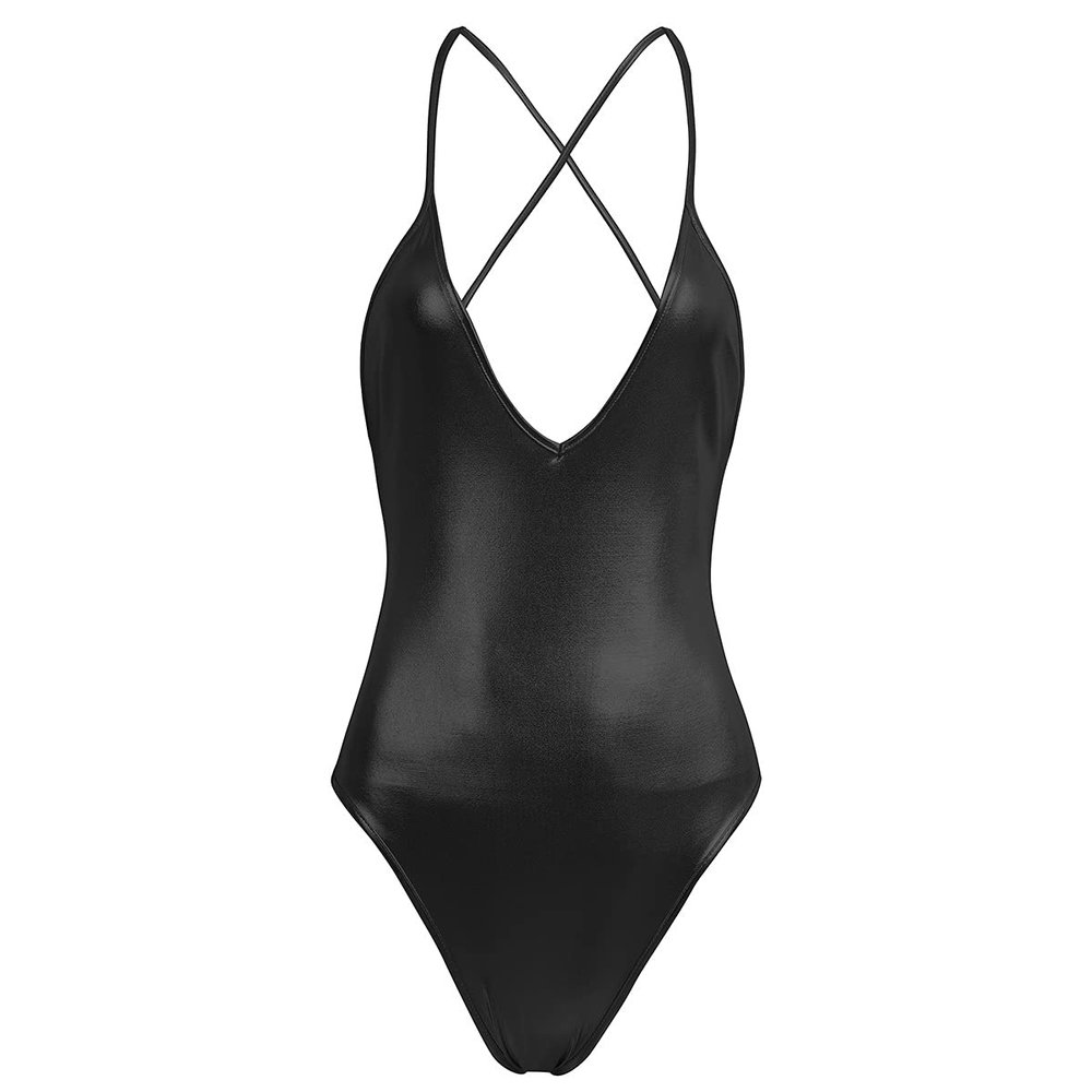 Yeeye Nikiikoo Women's One Piece Shiny Metallic Dance Leotards Gymnastics Bodysuit Dancewear Swimwear Sleeveless Black Large