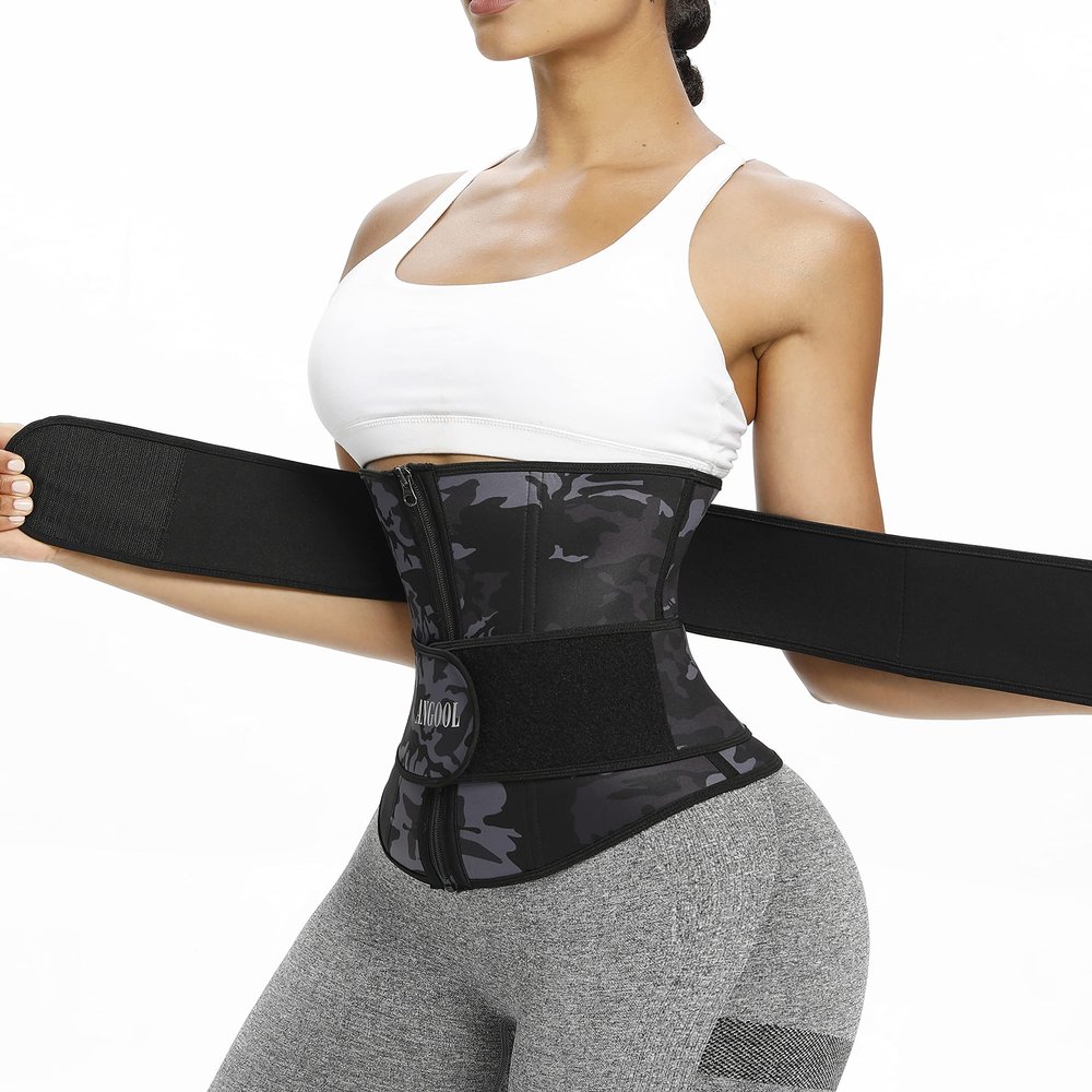 ANGOOL Neopren Waist Trainer For Women,Workout Plus Size Trimmer Belt Sauna Sweat Corset Cincher With Zipper L Camo
