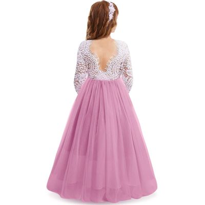 Flower Girl Dress Peony Eyelash Lace V Back A-Line Straight Tutu Tulle Party Pageant Dress Kids Wedding Bridesmaid Princess Long Sleeve First Communion Birthday Prom Formal Ball Gown V back~Pink 11-12