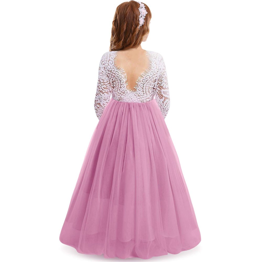 Flower Girl Dress Peony Eyelash Lace V Back A-Line Straight Tutu Tulle Party Pageant Dress Kids Wedding Bridesmaid Princess Long Sleeve First Communion Birthday Prom Formal Ball Gown V back~Pink 11-12
