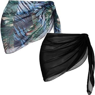 Ekouaer 2 Pieces Women Beach Sarongs Sheer Cover Ups Chiffon Bikini Wrap Skirt for Swimwear,Black/Dark Green Leaves,Small