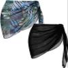 Ekouaer 2 Pieces Women Beach Sarongs Sheer Cover Ups Chiffon Bikini Wrap Skirt for Swimwear,Black/Dark Green Leaves,Small view 1