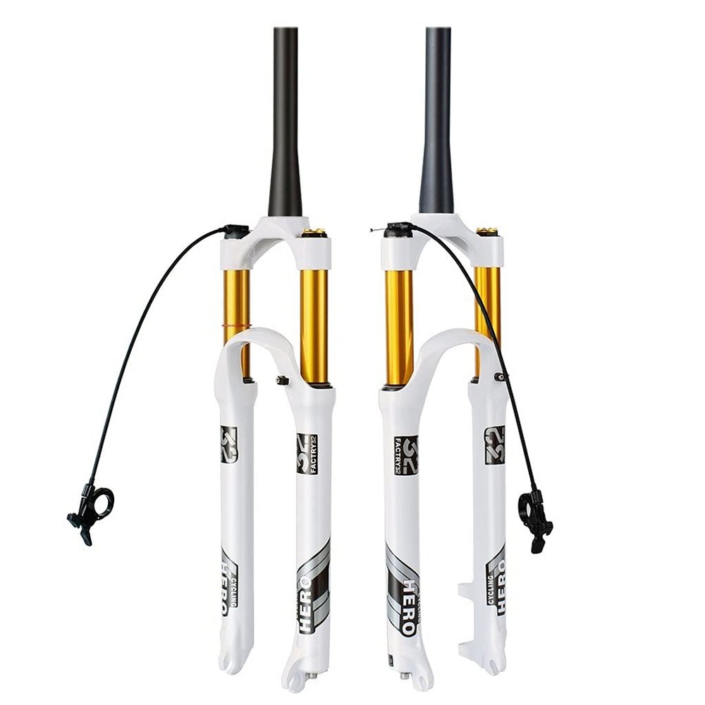 Jejy MTB Suspension Forks 26/27.5/29 Inch QR 9mm Magnesium Alloy Straight/Tapered Tube, 1 1/8" Threadless Steerer Mountain Bike Front Fork Travel 120mm Manual Lockout/Remote Lockout White