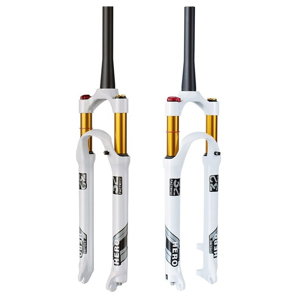 Jejy MTB Suspension Forks 26/27.5/29 Inch QR 9mm Magnesium Alloy Straight/Tapered Tube, 1 1/8" Threadless Steerer Mountain Bike Front Fork Travel 120mm Manual Lockout/Remote Lockout White