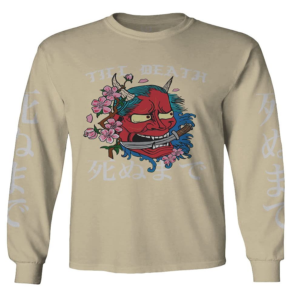 0249. Demon Graphic Traditional Japanese Till Death Anime Aesthetics Society Men's Long Sleeve t Shirt (Beige Small)