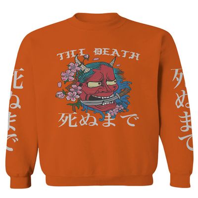 0249. Demon Graphic Traditional Japanese Till Death Anime Aesthetics Society Men's Crewneck Sweatshirt (Orange Small)