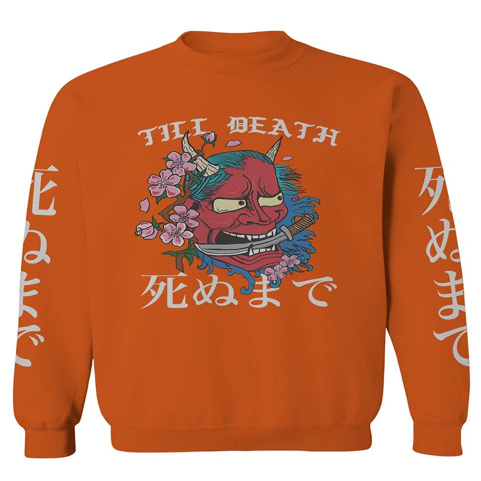 0249. Demon Graphic Traditional Japanese Till Death Anime Aesthetics Society Men's Crewneck Sweatshirt (Orange X-Large)