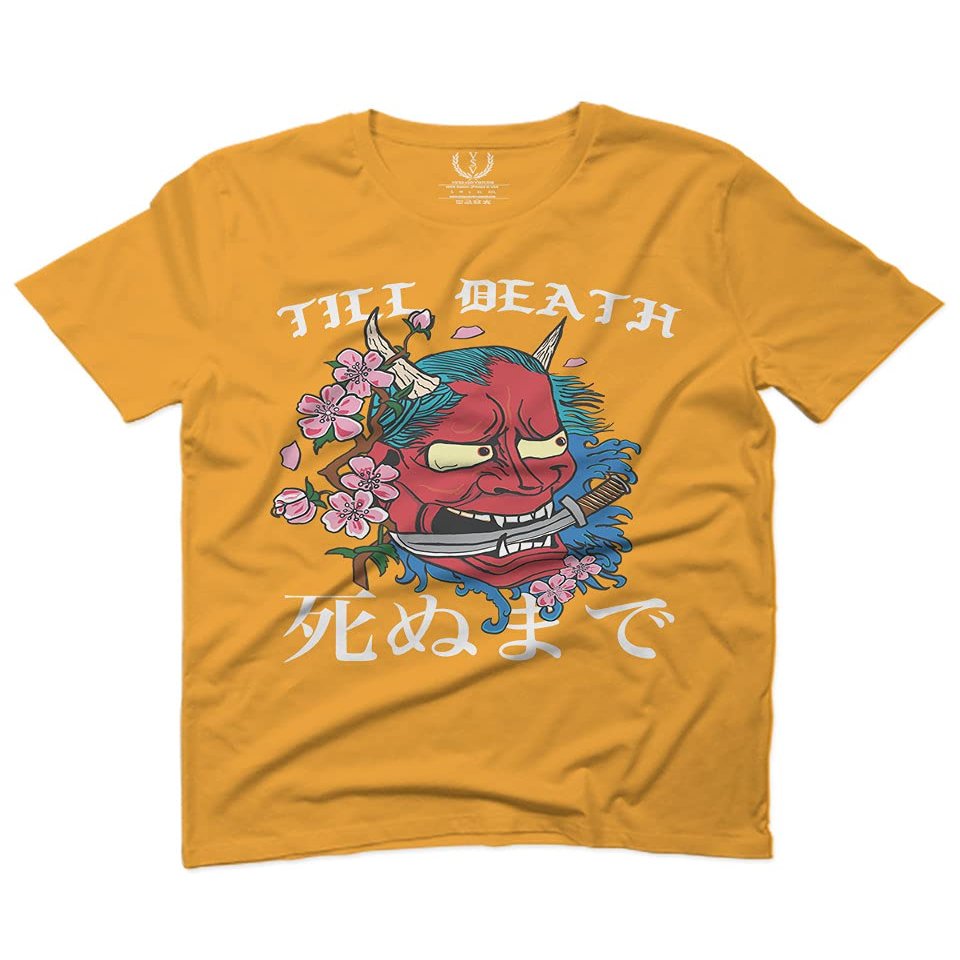 0249. Demon Graphic Traditional Japanese Till Death Anime Aesthetics Society for Men T Shirt (Gold 2X-Large)
