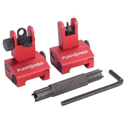 Funpoweroptics Flip Up Front and Rear Iron Sights Best Backup fits Picatinny & Weaver Rails (Red flip up Sight)