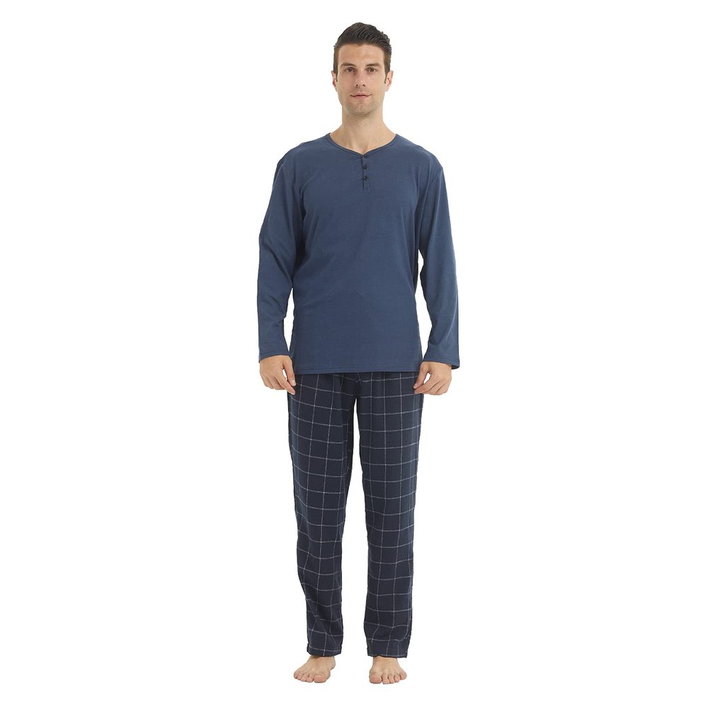 LANBAOSI Pajamas for Men Set Long Sleeve Henley Microfleece Shirt Plaid Flannel Pants Comfy Pjs Sleepwear Plush Loungewear