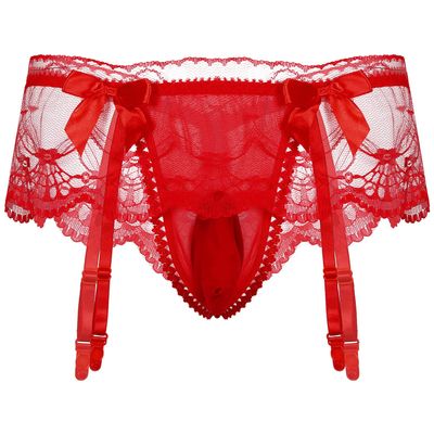 Hularka Men's Sissy Pouch Panties Lace Crossdress Jockstraps Thongs Lingerie Briefs Red&Type A One Size