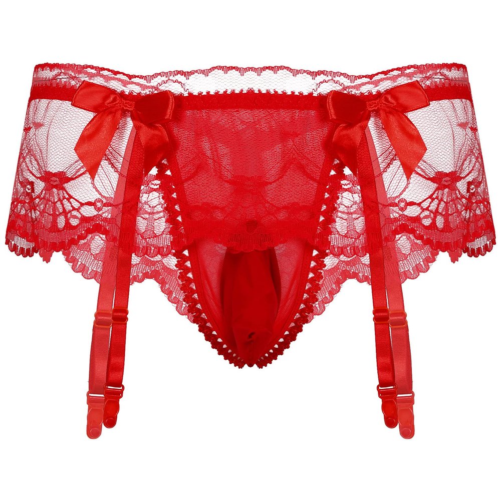 Hularka Men's Sissy Pouch Panties Lace Crossdress Jockstraps Thongs Lingerie Briefs Red&Type A One Size