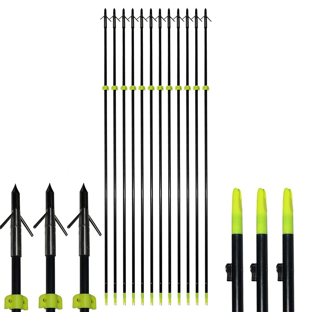 RUOERSI Bowfishing Arrows 34" Hunting Archery Fiberglass Arrows with Broadheads Safety Slide Shooting Targets Practice Arrows for Compound Bow Recurve Bow Slingshot (Pack of 12)