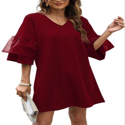 SHENBOLEN Women's V-Neck Dress Bell Sleeve Ruffle Hem Loose Dress Casual Short Sleeve Dress (X-Large, C, x_l)