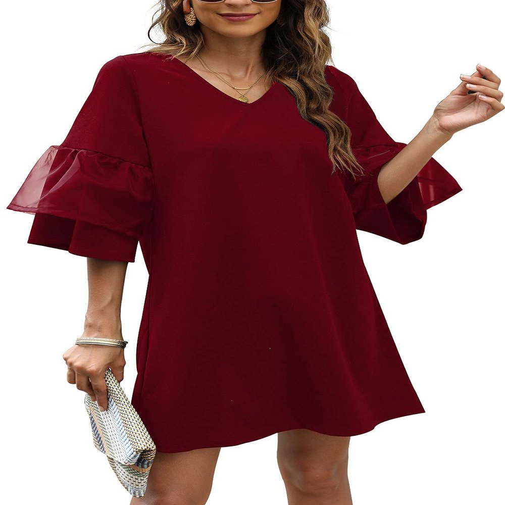SHENBOLEN Women's V-Neck Dress Bell Sleeve Ruffle Hem Loose Dress Casual Short Sleeve Dress (X-Large, C, x_l)