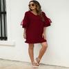 SHENBOLEN Women's V-Neck Dress Bell Sleeve Ruffle Hem Loose Dress Casual Short Sleeve Dress (X-Large, C, x_l) view 3