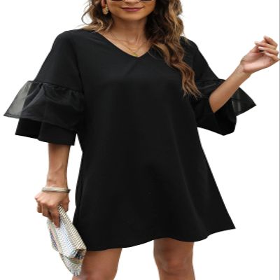 SHENBOLEN Women's V-Neck Dress Bell Sleeve Ruffle Hem Loose Dress Casual Short Sleeve Dress (X-Large, A, x_l)
