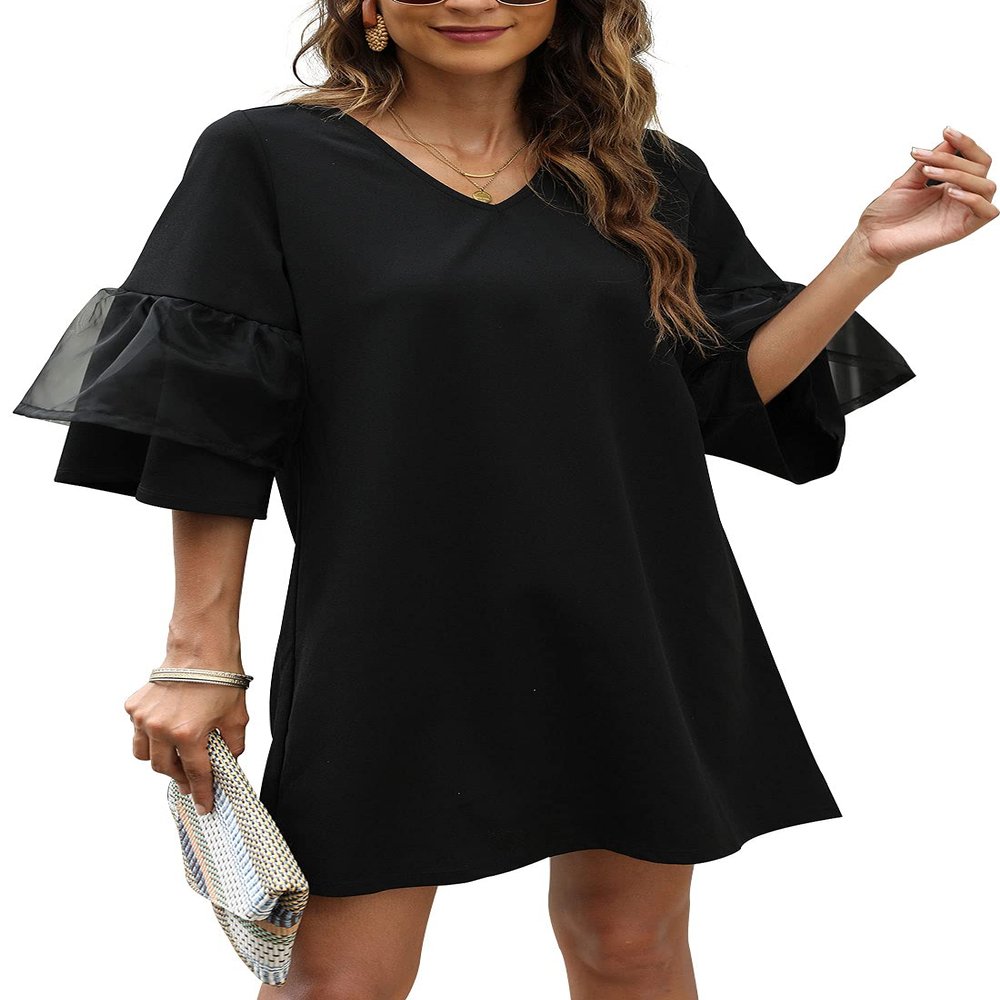SHENBOLEN Women's V-Neck Dress Bell Sleeve Ruffle Hem Loose Dress Casual Short Sleeve Dress (X-Large, A, x_l)