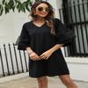 SHENBOLEN Women's V-Neck Dress Bell Sleeve Ruffle Hem Loose Dress Casual Short Sleeve Dress (X-Large, A, x_l) view 2