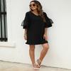 SHENBOLEN Women's V-Neck Dress Bell Sleeve Ruffle Hem Loose Dress Casual Short Sleeve Dress (X-Large, A, x_l) view 3