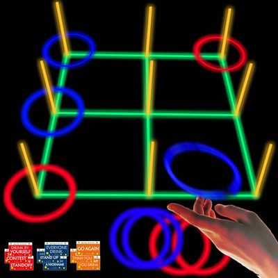 18.2Inch 3-in-1 Glowing Ring Toss Tic Tac Toe Outdoor Game for Adults and Family, Camping Games, 5 Blue Rings & 5 Red Rings