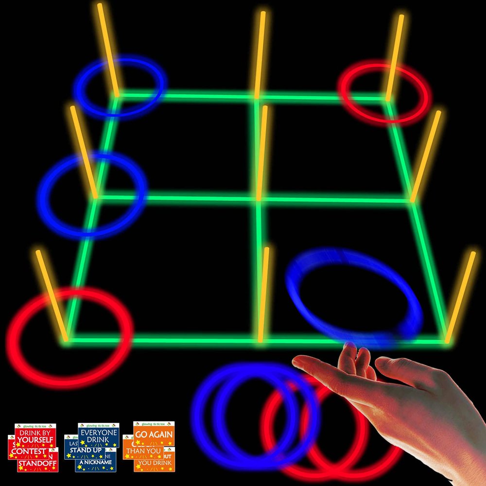 18.2Inch 3-in-1 Glowing Ring Toss Tic Tac Toe Outdoor Game for Adults and Family, Camping Games, 5 Blue Rings & 5 Red Rings