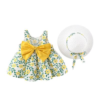 Little Girls Party Summer Tutu Dresses Bowknot Flower Dress with Straw Hat Princess Birthday Party Outfits Sundress Playwear Sandy Beach wear Photo Shoot Suit Green 3-4T