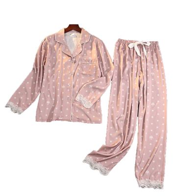 GTHTTT Women's Pajama Set 2 Pcs Loungewear Button-Down Floral Lace Trim Long Sleeve Trousers Nightwear Lounge Cute Print Tee,Pink,Large