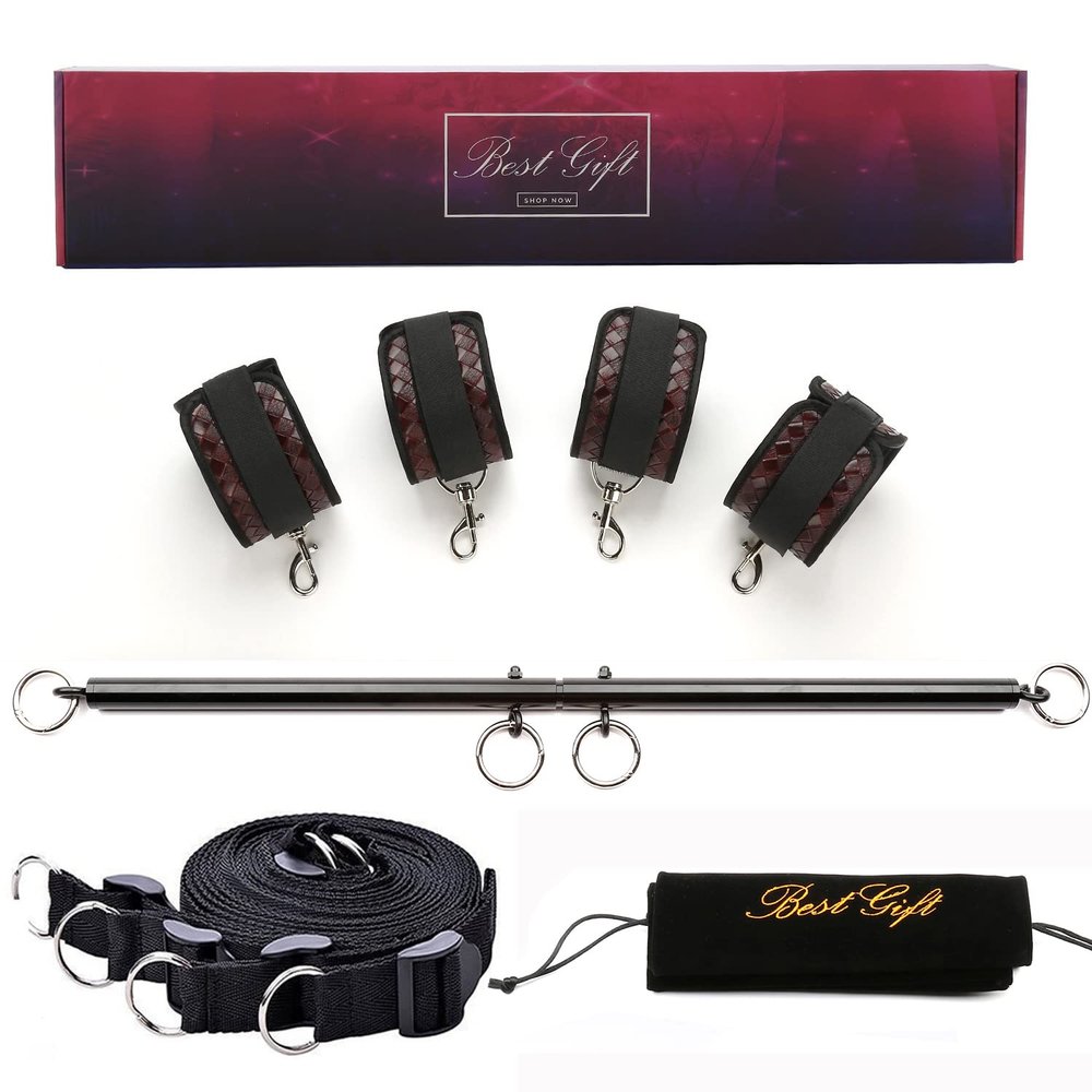EXREIZST Adjustable Single Pilates Spreader Bar Set with 4 Fur Leather Straps Nylon Belts Expandable Sports Aid Training Fitness Kit, Black and Brown