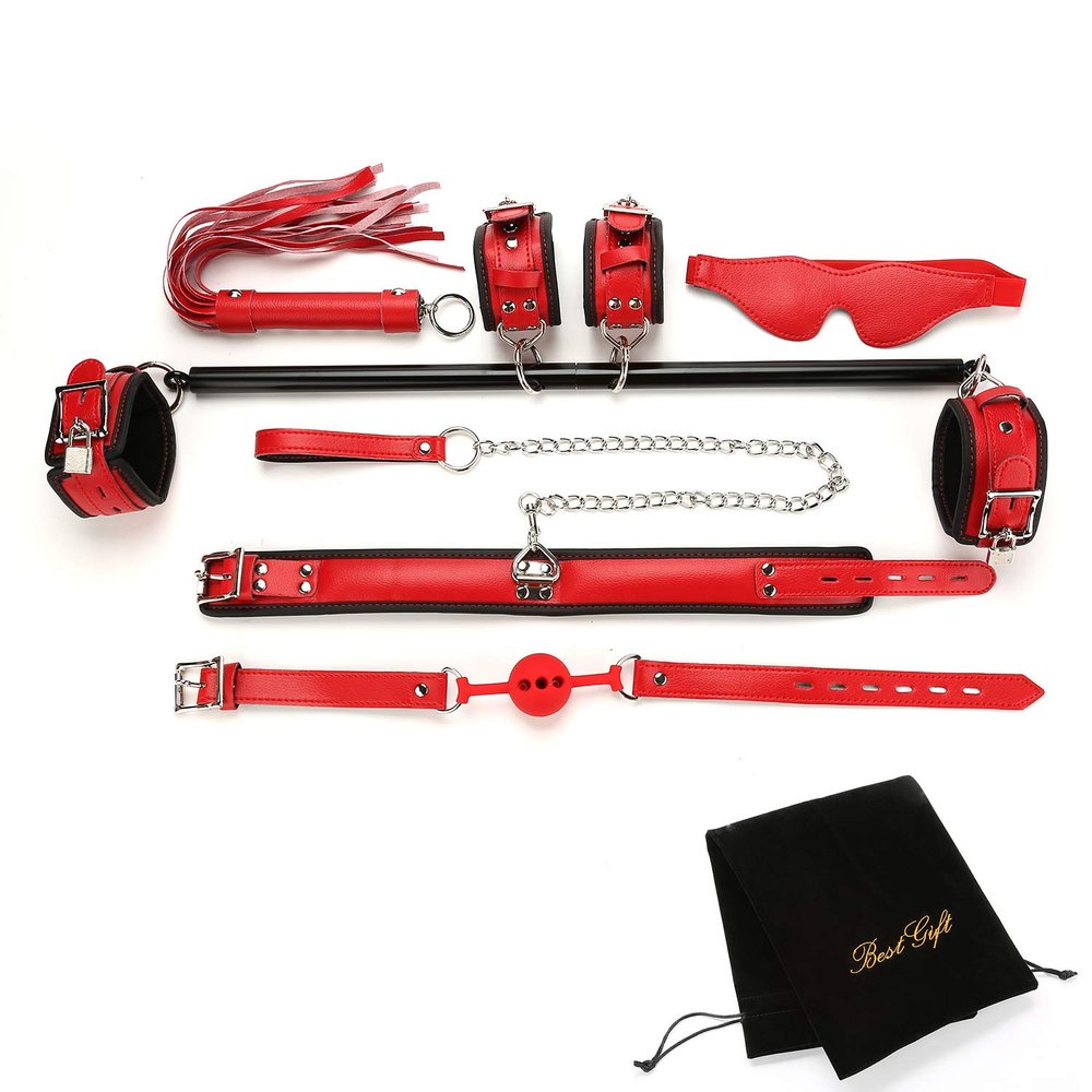 Expandable Spreader Bar Set with Bag and Premium Soft Pad Leather Straps System Set Adjustable Home Yoga Bar Kit, Black and Red