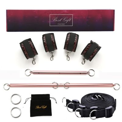 EXREIZST Adjustable 2 Pilates Spreader Bar Set with 4 Fur Leather Straps Nylon Belts Expandable Sports Aid Training Fitness Kit, Rose Gold and Brown