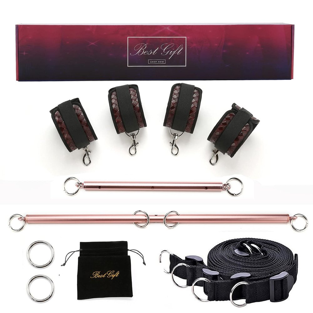 EXREIZST Adjustable 2 Pilates Spreader Bar Set with 4 Fur Leather Straps Nylon Belts Expandable Sports Aid Training Fitness Kit, Rose Gold and Brown