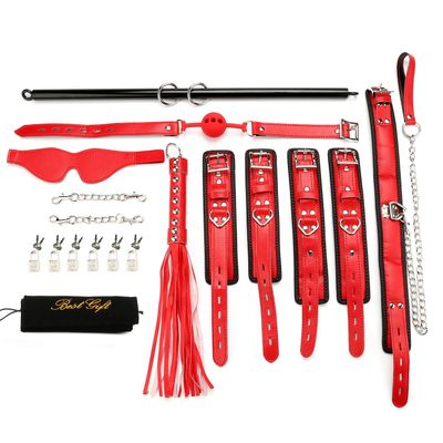 EXREIZST Adjustable Spreader Bar Set with Premium Soft Pad Leather Straps System Set Expandable Fitness Sports Exercise Training Tool Kit, Silver and Red