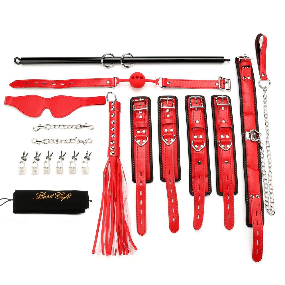 EXREIZST Adjustable Spreader Bar Set with Premium Soft Pad Leather Straps System Set Expandable Fitness Sports Exercise Training Tool Kit, Silver and Red