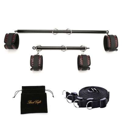 EXREIZST Expandable 2 Spreader Bar Set with Bag and 4 Fur Leather Straps with Nylon Belts Adjustable Home Yoga Bar Kit (Black+Brown)