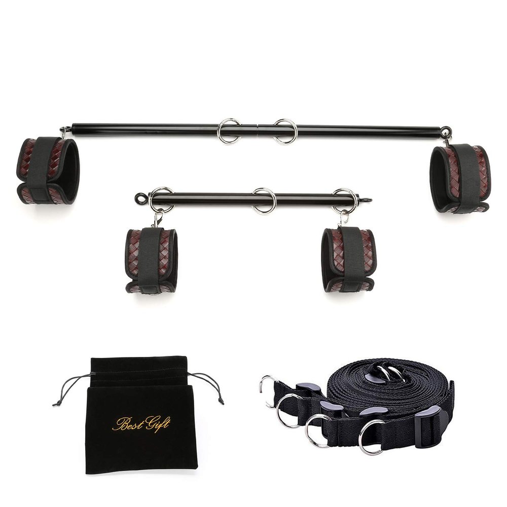 EXREIZST Expandable 2 Spreader Bar Set with Bag and 4 Fur Leather Straps with Nylon Belts Adjustable Home Yoga Bar Kit (Black+Brown)