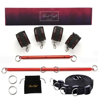 EXREIZST Adjustable 2 Spreader Bar Set with 4 Fur Leather Straps Nylon Bands Expandable Fitness Sports Exercise Training Tool Kit, Red and Brown