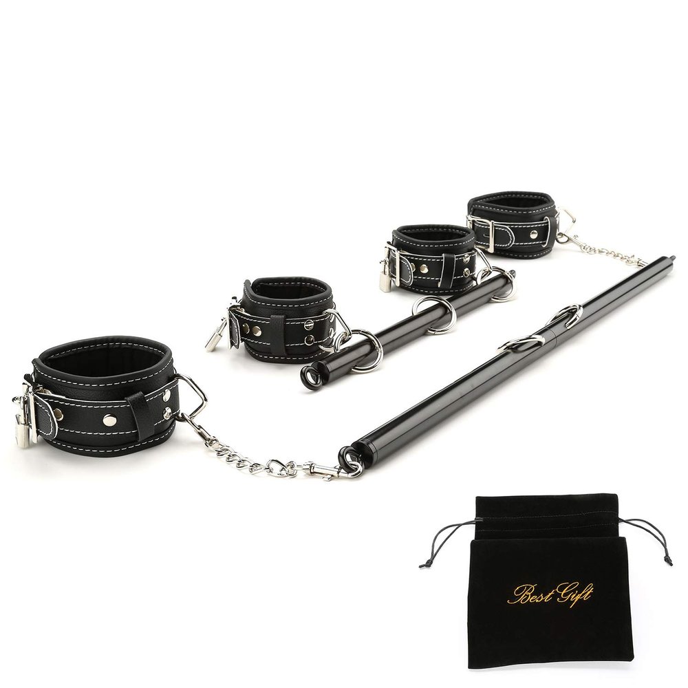 EXREIZST Expandable 2 Spreader Bar Set and 4 Premium Soft Pad Leather Straps with 2 Chains Adjustable Training Tools Sports Kit with Storage Bag, Black
