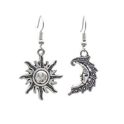 COLORFUL BLING Sun And Moon Matching Couple Dangle Drop Earrings Necklace Set For Women Lover Asymmetric Celestial Jewelry-earrings