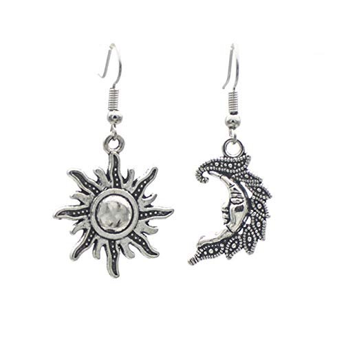 COLORFUL BLING Sun And Moon Matching Couple Dangle Drop Earrings Necklace Set For Women Lover Asymmetric Celestial Jewelry-earrings