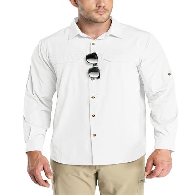 Outdoor Ventures Men's UPF 50+ UV Sun Protection SPF Hiking Shirt Long Sleeve Lightweight Quick Dry for Safari Travel Fishing White