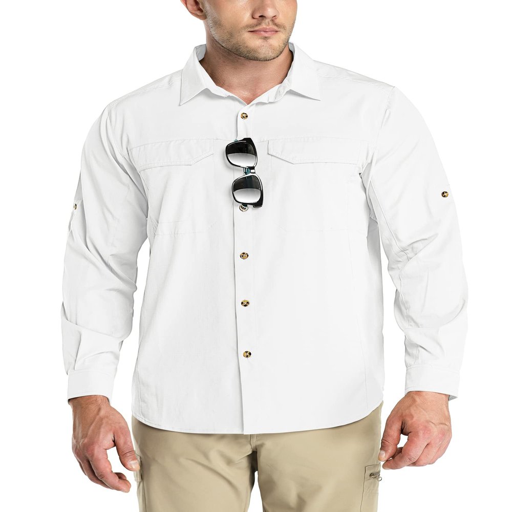 Outdoor Ventures Men's UPF 50+ UV Sun Protection SPF Hiking Shirt Long Sleeve Lightweight Quick Dry for Safari Travel Fishing White