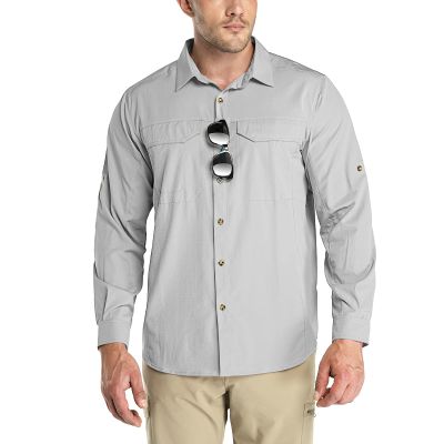 Outdoor Ventures Men's UPF 50+ UV Sun Protection SPF Hiking Shirt Long Sleeve Lightweight Quick Dry for Safari Travel Fishing Silver Grey