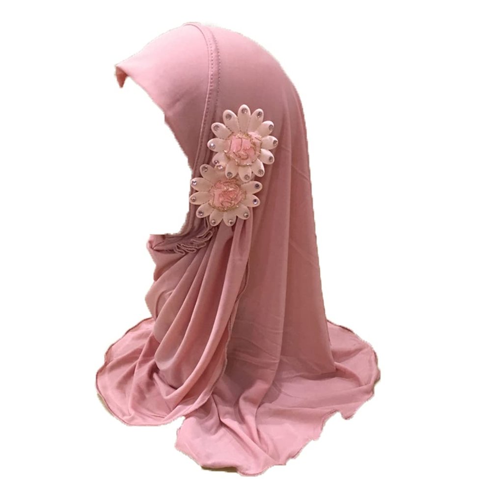 ALEDLE-LIFE Kids Girls Crystal Flower Muslim Khimar Hijab Headscarf Elastic Beanie Arab Scarf Shawls Islamic Turban Cap