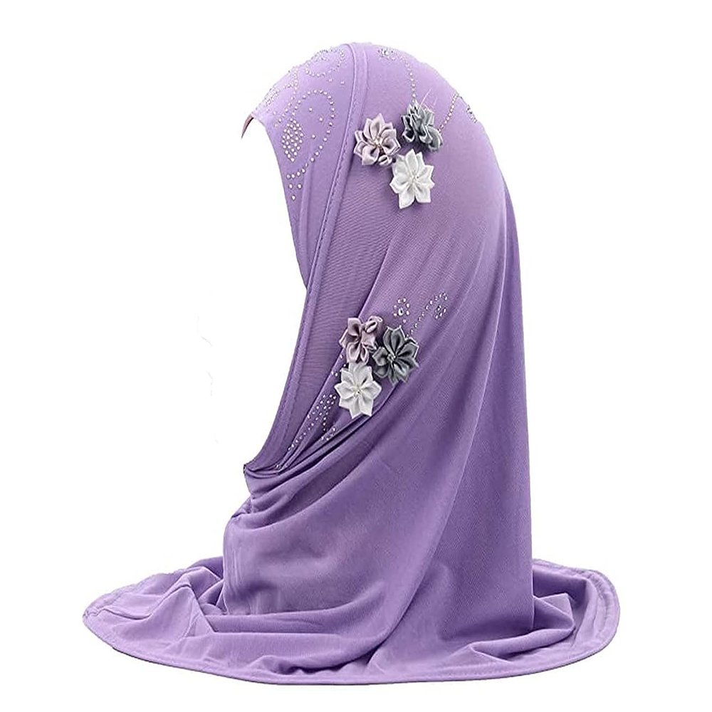 ALEDLE-LIFE Kids Girls Ice Silk Muslim Khimar Hijab Headscarf Elastic Beanie with Crystal Flower Arab Scarf Shawls Neck Wrap Islamic Head Wrap Turban Cap Fashion Rhinestone