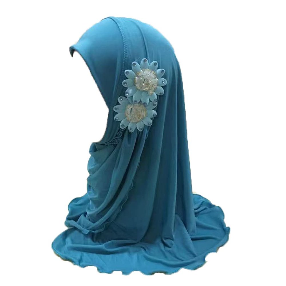 ALEDLE-LIFE Kids Girls Ice Silk Muslim Khimar Hijab Headscarf Elastic Beanie with Crystal Flower Arab Scarf Shawls Neck Wrap Islamic Head Wrap Turban Cap Fashion Rhinestone