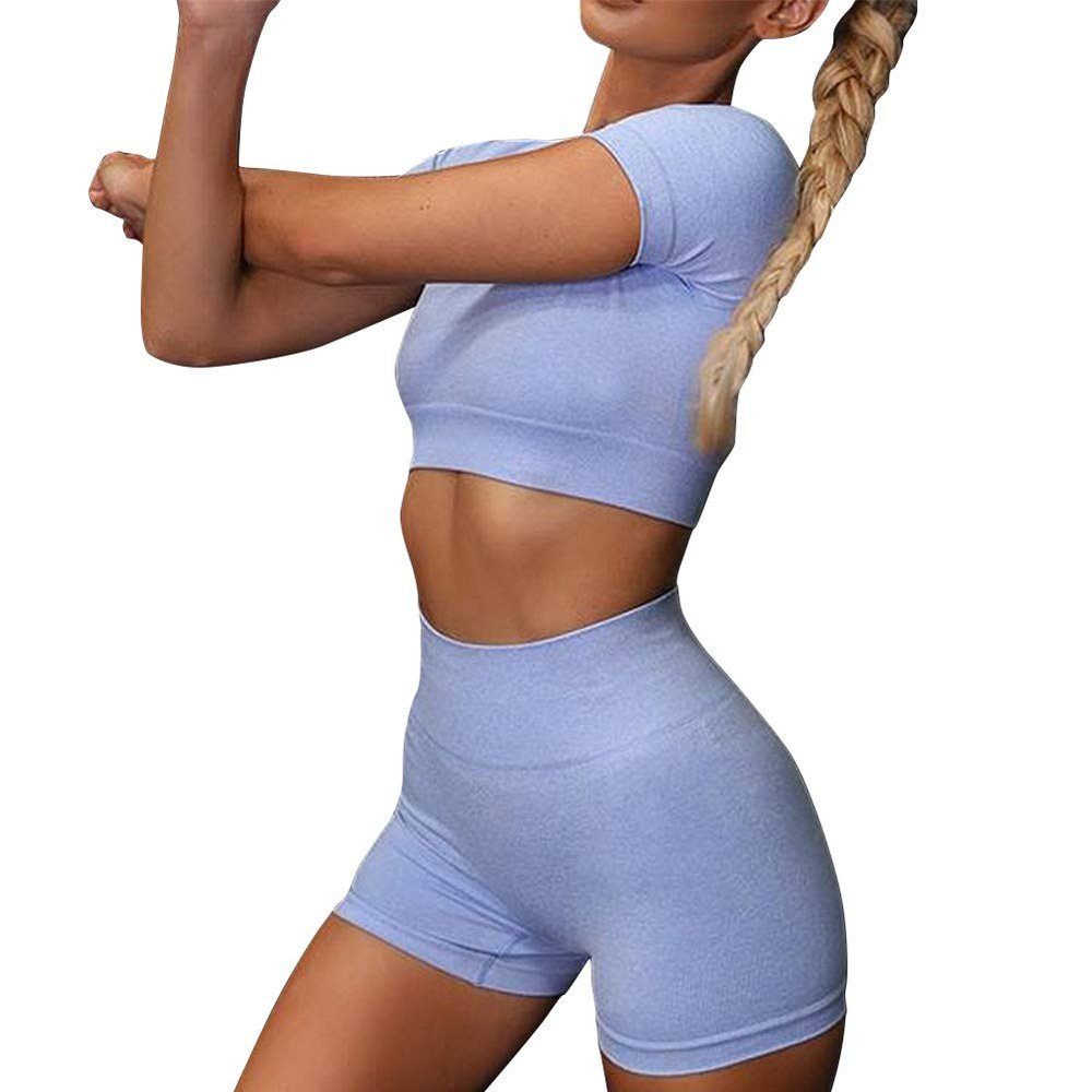 Women Seamless Yoga Outfits 2 Piece Workout Set Short Sleeve Crop Top High Waist Biker Shorts Stretch Tummy Control Yoga Shorts Fitness Running Athletic Clothes Activewear Tracksuit Light Blue Medium