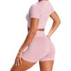 Women Seamless Yoga Outfits 2 Piece Workout Set Short Sleeve Crop Top High Waisted Biker Shorts Stretch Tummy Control Yoga Shorts Fitness Athletic Running Gym Clothes Activewear Tracksuit Pink Small view 3