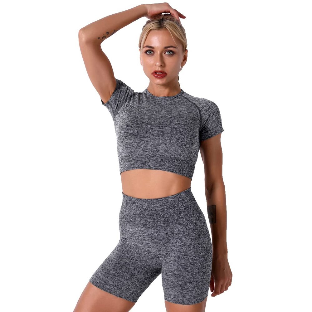Women Seamless Yoga Outfits 2 Piece Workout Set Short Sleeve Crop Top High Waisted Biker Shorts Stretch Tummy Control Yoga Shorts Fitness Athletic Running Gym Clothes Activewear Tracksuit Gray Large